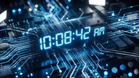 Digital clock displaying 10:08:42 AM surrounded by futuristic circuit board patterns with glowing blue lights and electronic pathways in cyberpunk style.