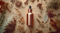 Metallic rose gold cosmetic dropper bottle surrounded by dried autumn flowers and leaves on wooden background. Natural organic skincare concept.