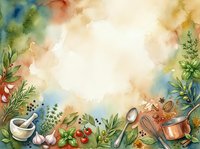 Watercolor culinary background with fresh herbs, vegetables, mortar and pestle, cooking utensils arranged on cream backdrop. Ideal for recipe blogs, cookbooks, food websites.