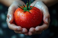 Fresh ripe tomato with water drops held gently in feminine hands against dark background, dramatic lighting highlights produce freshness and natural texture.