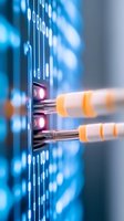 Network cables plugged into switch with glowing LED indicators and binary code background showing data transfer in modern server room environment.