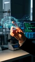 Businessman hand holding glowing digital brain with circuit connections in modern office environment showcasing artificial intelligence and machine learning technology.