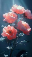 Cluster of coral and pink peonies with layered petals and golden stamens against a moody blue background, ideal for floral designs and botanical artwork.