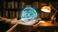 Person holding glowing brain hologram in hand against blurred library background with warm lamp light, representing artificial intelligence, innovation, and technology concepts for business and education.