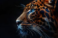 Close up portrait of majestic leopard with bright blue eyes and spotted orange fur against dark background, showing detailed whiskers and facial features in dramatic lighting.