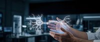 Medical professional examining holographic neuron model in modern laboratory for neurological research and brain study applications.