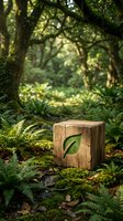 Wooden eco-friendly package with green leaf symbol in lush forest setting. Natural sustainable packaging concept for organic products and environmental branding.