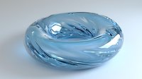 Twisted blue glass torus shape with smooth reflective surface and dynamic flowing curves creates elegant abstract art piece on white background.