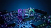 SEO letters on computer circuit board with purple and blue lighting effects for digital marketing and search engine optimization concepts.