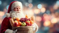 Cheerful Santa Claus holding fresh fruit basket with apples, grapes and oranges against festive bokeh lights background for holiday season celebrations.