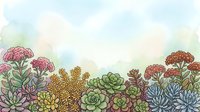 Watercolor succulent garden border with colorful plants and soft pastel sky background for botanical design projects and nature-themed decorations.