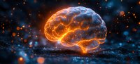 Glowing orange and blue brain visualization with neural network connections floating in dark space with bokeh light effects and reflective surface.
