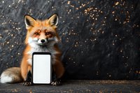 Red fox holding blank smartphone screen with white display against dark background with golden bokeh lights, modern wildlife technology concept.