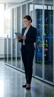 Female IT professional in dark business suit holding tablet while standing in server room with illuminated network equipment racks.