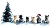 Watercolor winter scene with six adorable kittens sitting in snow near Christmas tree and wrapped presents, one kitten wearing Santa hat, creating festive holiday mood.