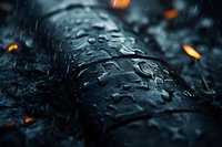 Raindrops on dark surface with glowing orange sparks in background create dramatic atmosphere. Water beads catch light revealing intricate patterns and textures.