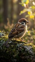 Sparrow perched on moss-covered branch with soft golden sunlight filtering through blurred foliage, ideal for nature, wildlife, and outdoor editorial projects.