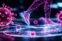 Glowing purple legs in sneakers stepping through virus particles on illuminated surface with neon effect and bokeh background. Medical science concept.
