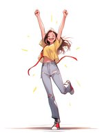 Joyful young Asian woman in yellow crop top and ripped jeans jumping with raised arms, celebrating victory. Dynamic illustration showing happiness and achievement.