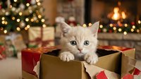 Adorable white kitten peeking out from cardboard gift box surrounded by wrapped presents and twinkling holiday decorations for festive seasonal content.