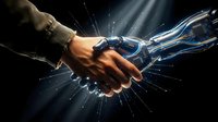 Human hand shaking with futuristic robotic hand in digital light rays representing AI technology partnership and human-machine collaboration concept.