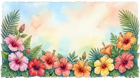 Watercolor tropical floral border with hibiscus flowers and palm leaves on soft pastel background, copy space for text.