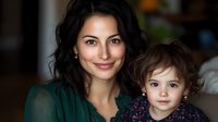 Young Mediterranean woman with long dark hair in green blouse embracing small child with brown curly hair wearing floral dress, warm family portrait on dark background.