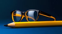 Yellow reading glasses and wooden pencil on dark blue background with dramatic lighting and shallow depth of field for education concept.