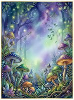 Enchanted forest scene with luminescent mushrooms, glowing foliage, and magical light particles floating through misty woodland atmosphere, suitable for fantasy illustrations and mystical designs.