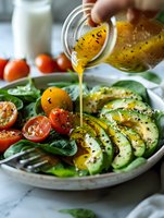Fresh avocado and cherry tomato salad with spinach leaves on ceramic plate, pouring homemade citrus dressing garnished with black sesame seeds.