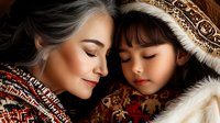 Tender moment between Asian grandmother and granddaughter sleeping peacefully under cozy blanket, sharing warmth and love in intimate family portrait.