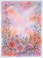 Watercolor floral frame with ornamental scrolls, hearts and stars on gradient pink purple background, isolated on white for greeting cards and invitations.