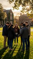 Diverse group of young adult students holding hands in a circle on a sunny campus lawn during autumn, sharing a moment of unity and prayer.