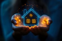 Hands holding glowing house icon with warm light and magical sparkles for real estate insurance protection concept on dark blue background.