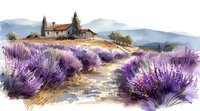 Watercolor rural landscape with blooming lavender field, country house on hill, mountain vista and winding path through purple flowers in summer season.