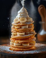 Towering stack of golden pancakes layered with fresh banana slices and topped with whipped cream, dusted with powdered sugar in dramatic lighting on dark background.