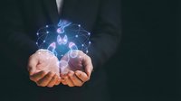 Businessman hands presenting glowing digital network connections with futuristic holographic interface technology concept for innovation and connectivity.
