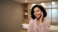 Young woman with dark curly hair and medium brown skin tone wearing a pink cardigan, smiling in a modern home interior with warm lighting and shelving.