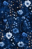 Seamless floral pattern with blue and white cosmos flowers, delicate beige buds, and botanical elements on deep navy background. Repeating design for fabric and decor.