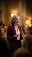 Confident mature Caucasian businesswoman in burgundy suit speaking at corporate event with audience in elegant venue for leadership presentations.