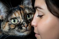 Young woman with closed eyes tenderly nuzzling tortoiseshell cat in intimate bonding moment. Pet care, companionship and affection between human and feline.