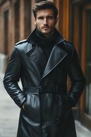 Handsome young Caucasian man in black leather trench coat and turtleneck standing confidently on urban street for fashion and style concepts.