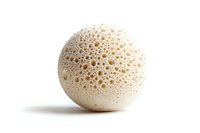 Spherical white foam ball with organic bubble texture pattern isolated on white background. Macro photography shows detailed porous surface structure.