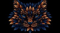 Mystical feline face composed of metallic copper and deep blue geometric petals on black background, creating an artistic mandala-style pattern. Isolated design.