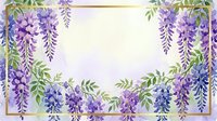 Watercolor wisteria flowers frame with golden border on soft background for wedding invitations, greeting cards and spring botanical designs.