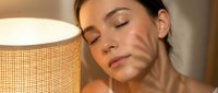 Woman with dark hair and olive complexion relaxing near warm lamp light, eyes closed in peaceful moment. Suitable for wellness, skincare, relaxation and lifestyle content.