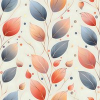 Seamless floral pattern with coral pink and navy blue leaves on light background, delicate branches with dots create elegant botanical repeat design.