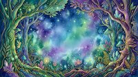 Enchanted forest frame with glowing magical lights and starry sky, featuring twisted trees and mystical atmosphere. Isolated on transparent background, ready for design projects, posters, and creative compositions.
