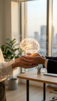 Business professionals shaking hands with glowing brain hologram and data analytics interface in modern office environment representing AI collaboration.
