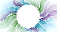 Abstract watercolor sun burst with flowing rays in purple, blue and green tones. Central white circle for text or logo placement on transparent background.